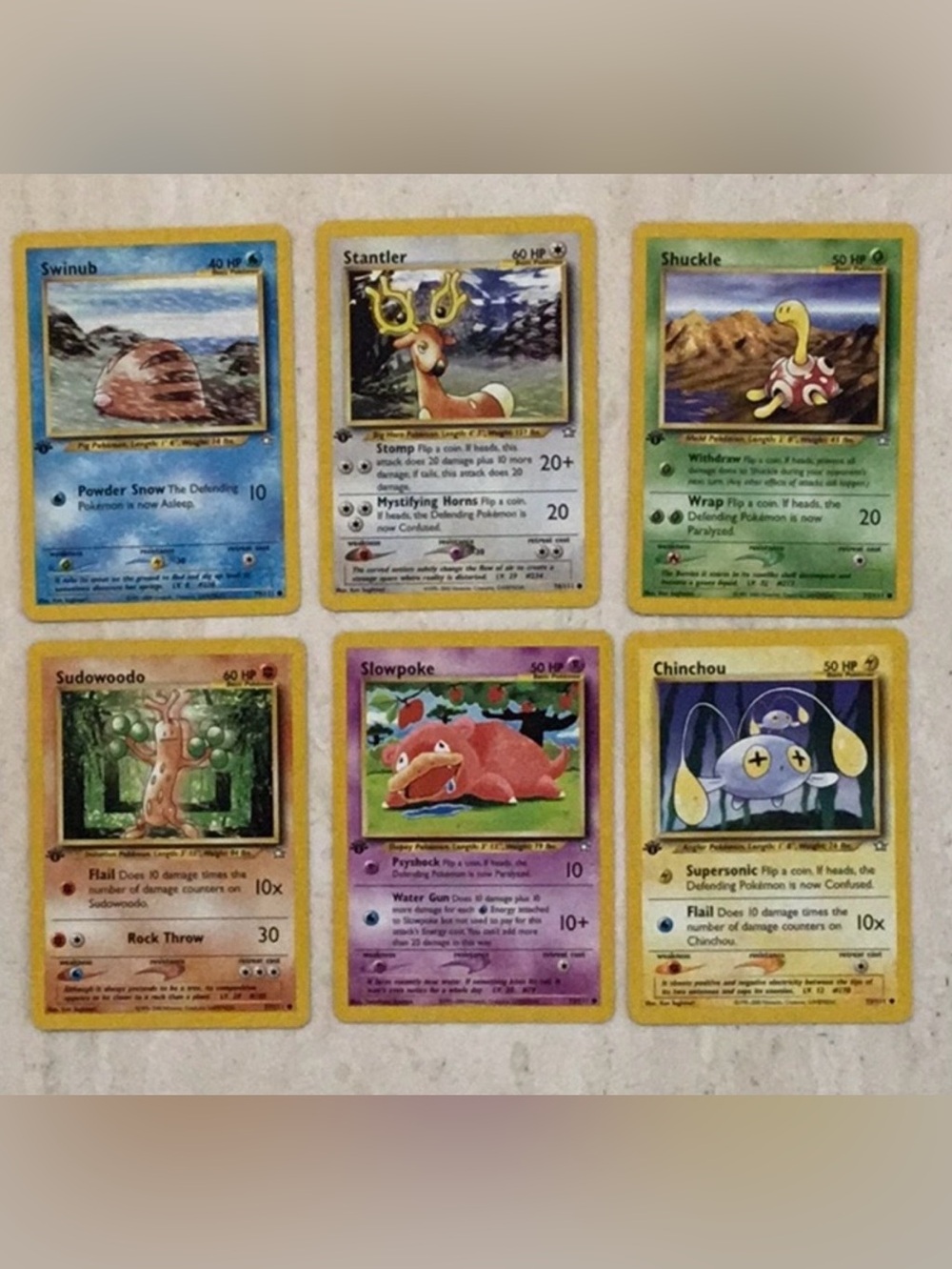 Pokemon 2000 1st Edition Neo Genesis Cards Slowpoke Stantler Chinchou Sudowoodo